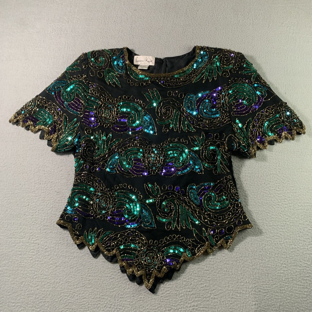Vintage Laurence Kazar XXL Silk Beaded Sequin Top Black Multicolor 80s Glam
